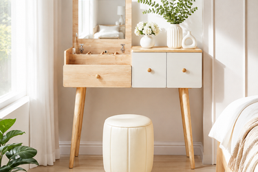 Wood Color Dresser Table and Chair with Drawers