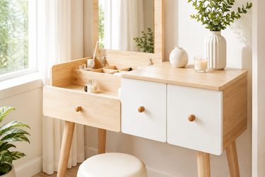 Wood Color Dresser Table and Chair with Drawers