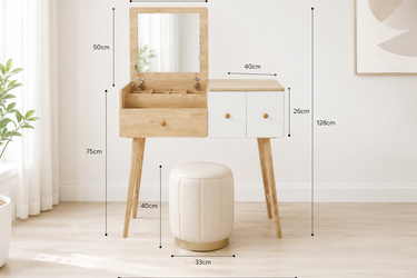 Wood Color Dresser Table and Chair with Drawers