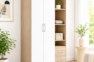 Modern 2-Door Wardrobe with Open Shelving & Drawers Model No: WR727