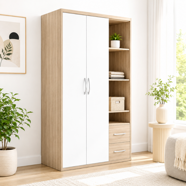 Modern 2-Door Wardrobe with Open Shelving & Drawers Model No: WR727