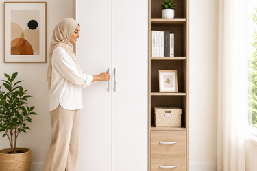 Modern 2-Door Wardrobe with Open Shelving & Drawers Model No: WR727