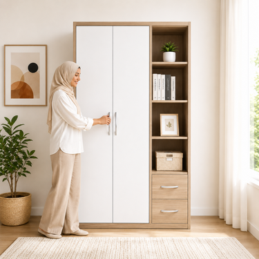 Modern 2-Door Wardrobe with Open Shelving & Drawers Model No: WR727