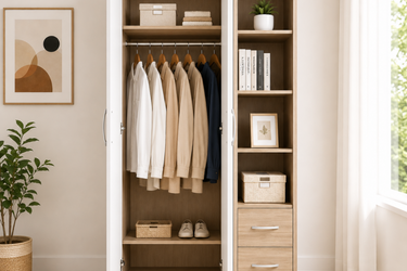 Modern 2-Door Wardrobe with Open Shelving & Drawers Model No: WR727