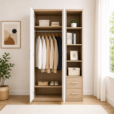 Modern 2-Door Wardrobe with Open Shelving & Drawers Model No: WR727
