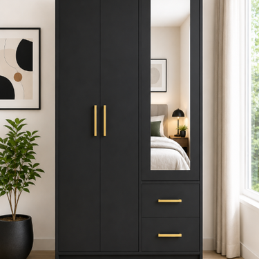 Modern 2-Door Wardrobe with Mirror & Drawers Model No: WR813