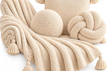 Cream Textured Throw Blanket and Decorative Cushion Set