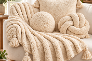 Cream Textured Throw Blanket and Decorative Cushion Set